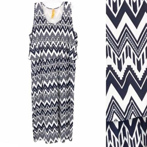 Magic Women's Maxi Dress 3X Chevron Stripe Navy Blue & White Sleeveless Blouson - Picture 2 of 8